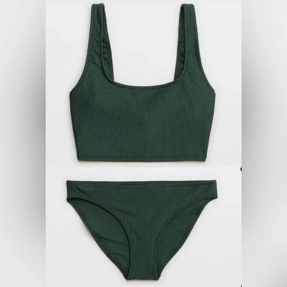 NWT Aerie FULL SET Shine Rib Longline Scoop Top + Full Coverage Bottom Sycamore - Picture 1 of 5